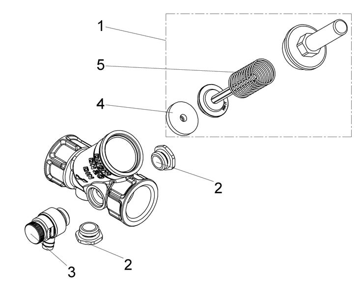 Explosionszeichnung einer Armatur mit nummerierten Einzelteilen inklusive Gehäuse, Feder und Dichtungen.