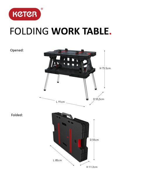 Keter Klappbarer Arbeitstisch mit Klemmen - 91x55,5x75,5 cm - Anthrazit/Rot