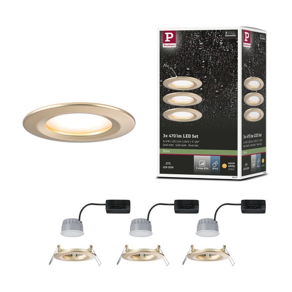 Set aus drei runden LED Einbauleuchten Nova mit austauschbarem LED Coin für den 230 Volt Direktanschluss mit 45 Millimeter Einbautiefe