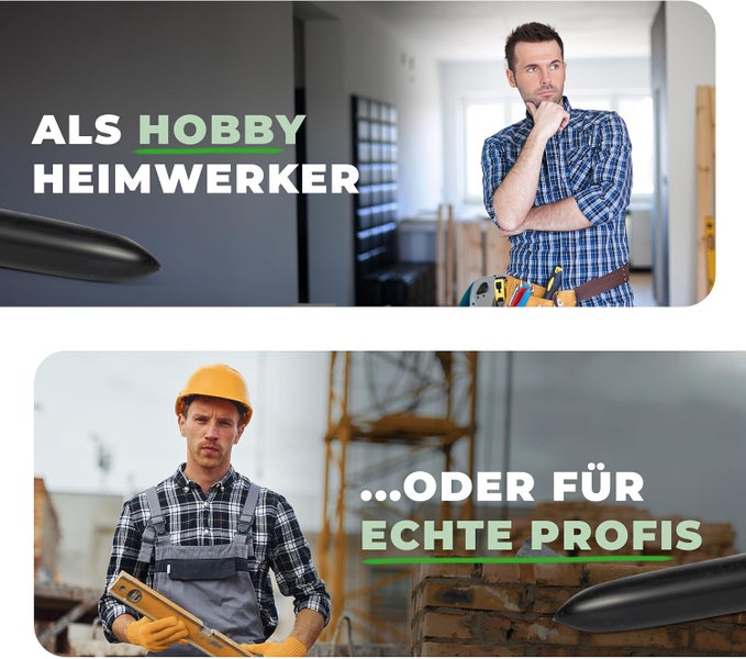 Ein Hobbyheimwerker mit Werkzeuggürtel im Innenraum und ein professioneller Handwerker mit Wasserwaage auf einer Baustelle.