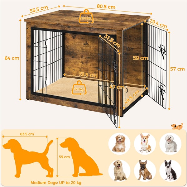 Hundehütte mit den Maßen 80,5 cm mal 55,5 cm mal 64 cm, geeignet für Hunde bis 20 kg