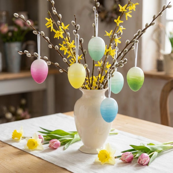 Osterstrauß aus Weidenkätzchen und Forsythien in einer Vase, dekoriert mit hängenden Ostereiern und frühlingshafter Tischdekoration.