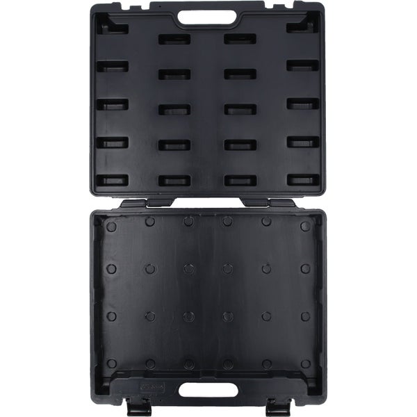 Geöffnete schwarze Werkzeugkiste aus Kunststoff