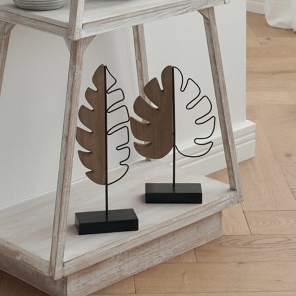 FRANK FLECHTWAREN|Dekoelement Blätter, 2er Set, 20 x 6 x 31 cm, 13 x 6 x 35 cm, HOLZ, METALL