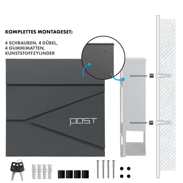 FLOORDIREKT Briefkasten Armand - Stahl Wandbriefkasten mit Zeitungsfach und C4-Einwurfklappe