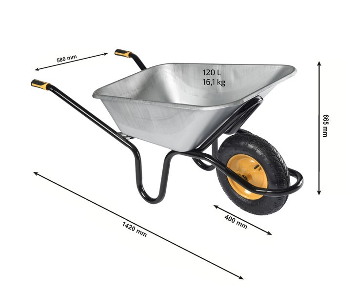 Schubkarre mit 120 Liter Fassungsvermögen und den Maßen 1420 mm Länge, 580 mm Breite und 665 mm Höhe