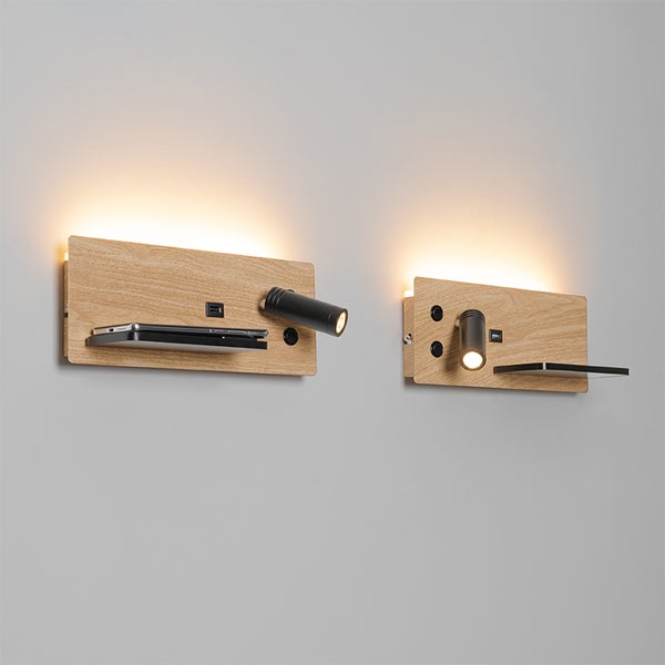 2er Set Wandleuchte Schwarz mit Holz inkl. LED mit USB und Induktionsladegerät - Riza