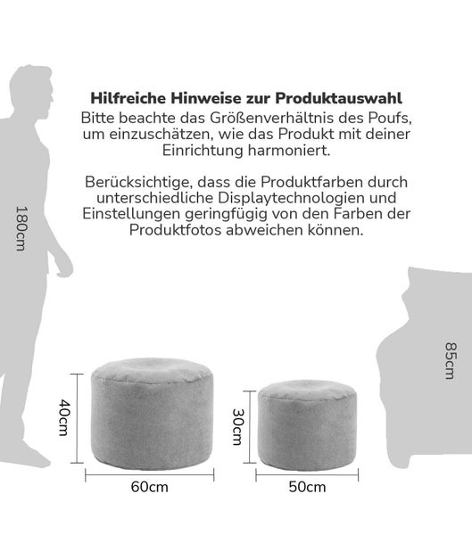 mokebo Pouf, Hocker o. Bodenkissen 'Der Ruhepouf' Sitzhocker rund und Fußhocker fürs Wohnzimmer, leichter Sitzpouf aus Stoff in Grau
