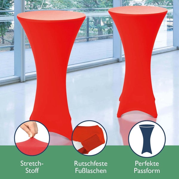 Zwei rote Stehtischhussen aus Stretchmaterial mit rutschfesten Fußlaschen und perfekter Passform