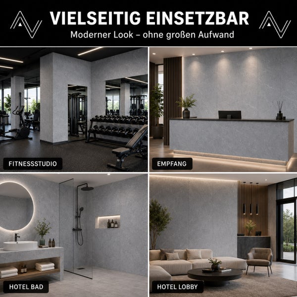 Wandpaneele in Marmoroptik Grau, Anwendungsbeispiele in Fitnessstudio, Empfang, Hotelbad und Hotellobby.