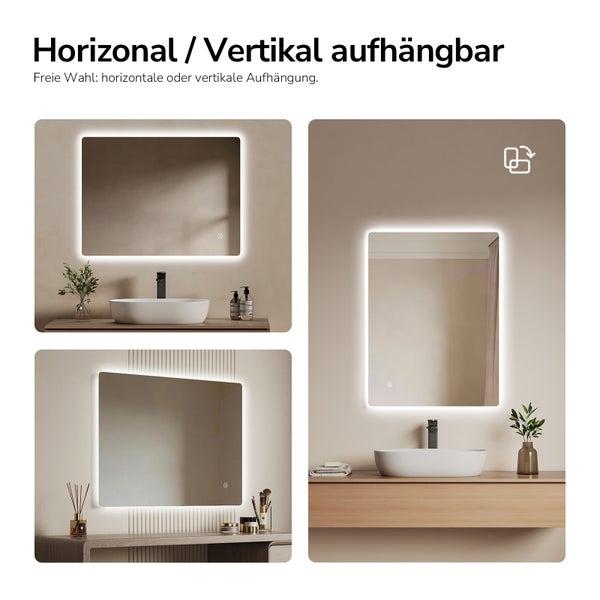 LED-Badspiegel mit umlaufender Beleuchtung, horizontal oder vertikal montierbar, über einem Waschbecken und Schminktisch.