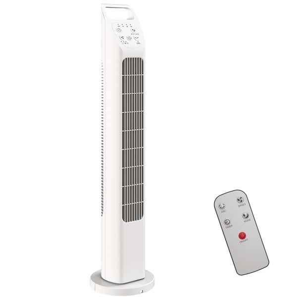 Weißer Turmventilator mit Fernbedienung, Tragegriff, Bedienfeld oben, Oszillationsfunktion und Timer.