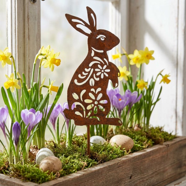 Osterdekoration aus Metall in Hasenform mit floralem Muster in einem hölzernen Blumenkasten mit Narzissen, Krokussen und Ostereiern.