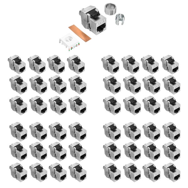 Set von Kategorie 6A Keystone Modulen RJ45 aus Metall, geschirmt, inklusive Einzelteilen für die Montage von Netzwerkkabeln ohne Werkzeug.