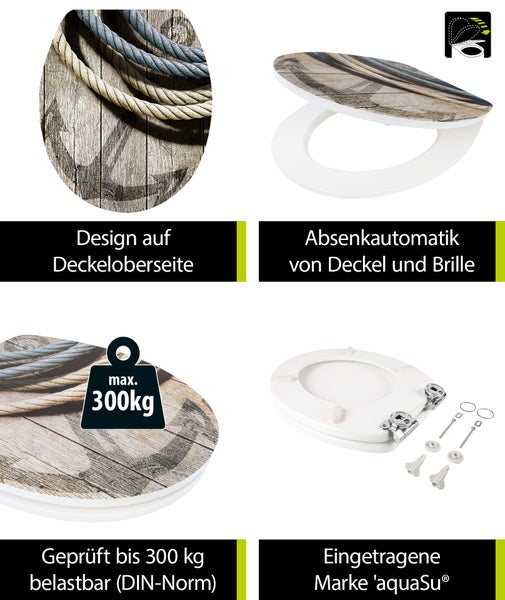 aquaSu® WC-Sitz mit Absenkautomatik, Maritim Motiv Seemannstau, High-Gloss Toilettendeckel mit Holzkern, Fast-Fix, Metallscharnier, Komfort Toilettensitz, Universale Form, Oval, 402934