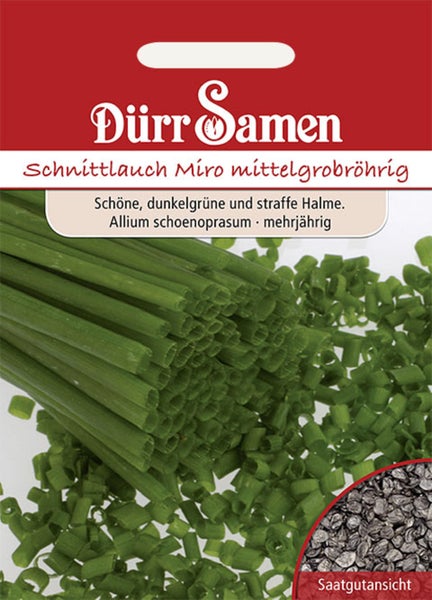 Dürr Samen Logo auf einer Packung Schnittlauch Miro mittelgrobröhrig mit Abbildung von Schnittlauchhalmen und Saatgut.