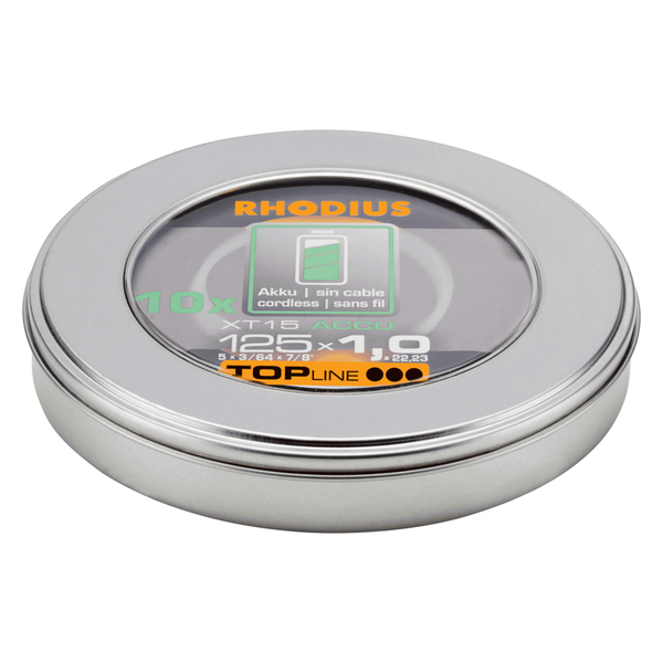RHODIUS Trennscheibe XT15 ACCU, 10 Stück, 125 x 1,0 x 22,23 mm für Edelstahl, Stahl, Metall, TOPline