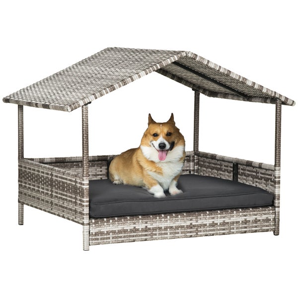 PawHut Rattan Hundehaus mit Kissen, Hundebett im Hausform, Outdoor Hundehütte, Stahlrahmen, Kunststoff, Grau, 69 x 98 x 70 cm