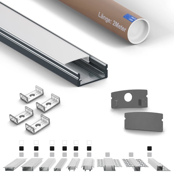 LED Aluminiumprofil Set mit Abdeckung und Montagezubehör, Laenge 2 Meter, fuer LED Streifen