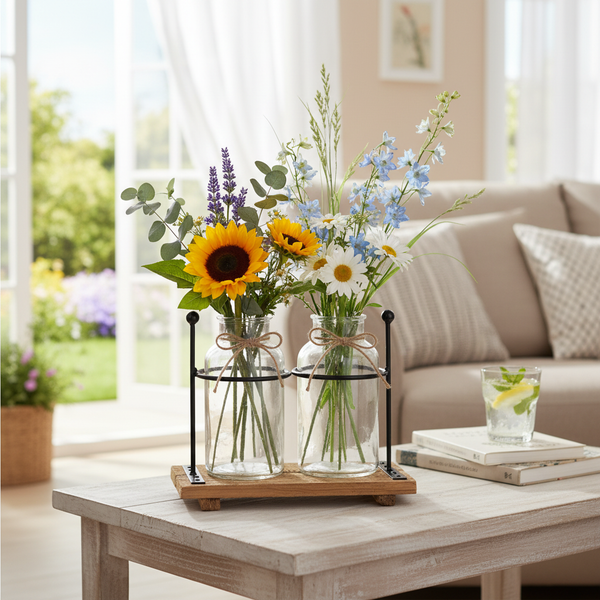 Zwei Glasvasen in einem schwarzen Metallständer auf einem Holzsockel mit Sonnenblumen und Wildblumen auf einem Wohnzimmertisch.