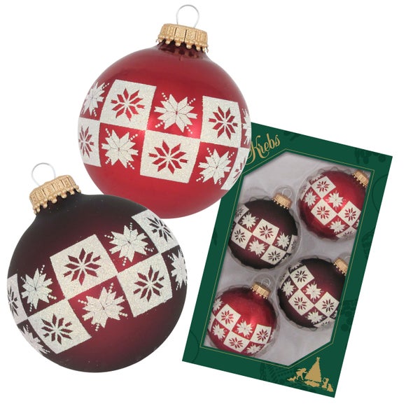Rot/Braun matt 7cm Glaskugel mit Banddeko, 4 Stck., Weihnachtsbaumkugeln, Christbaumschmuck, Weihnachtsbaumanhänger