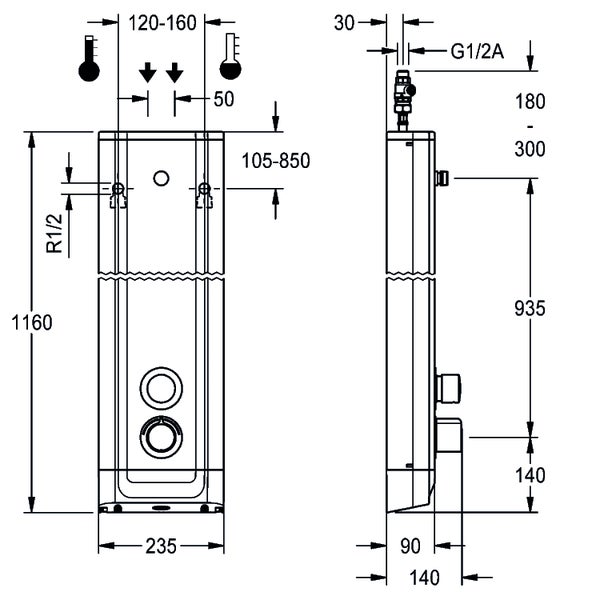 Technische Zeichnung eines Duschpaneels mit Vorder- und Seitenansicht inklusive Maßangaben in Millimetern.