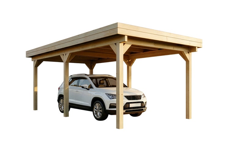Einzelcarport aus Holz mit Flachdach und untergestelltem Fahrzeug
