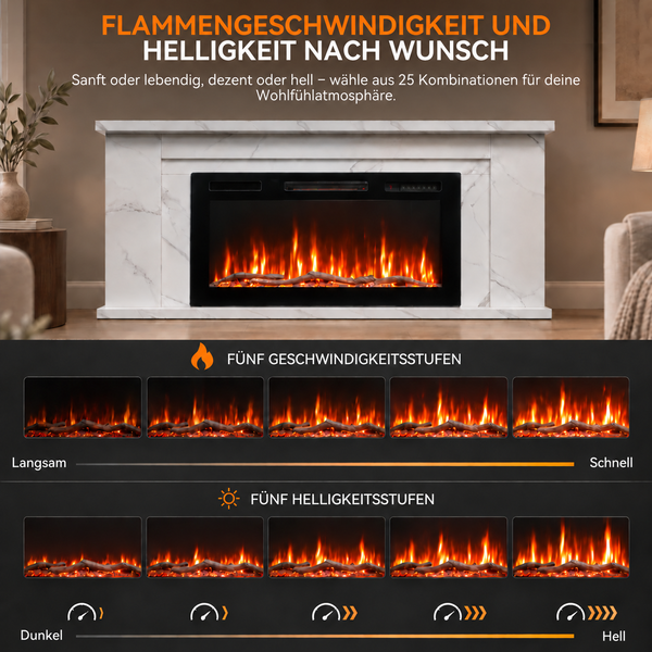 Elektrischer Kamin mit Marmoroptik Umbau und Flammenregelung mit fünf Helligkeits- und fünf Geschwindigkeitsstufen für individuelle Einstellungen.