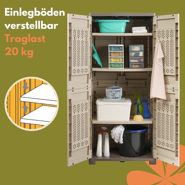 Offener Kunststoff Mehrzweckschrank mit verstellbaren Einlegeböden und Reinigungsutensilien