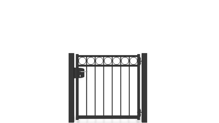 Gartentor ZAUNGURU BASIC-Linie Oldenburg Kreis aus Metall, Höhe: 103cm, Breite: 123cm, 1-flügelig inkl. Pfosten, Schloss und Zubehör, Feuerverzinkt und in RAL 7016 Anthrazitgrau pulverbeschichtet