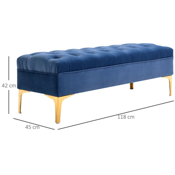 HOMCOM Sitzbank, Bettbank, Schuhbank mit erhöhten Beine, Schlafzimmer, Samt Blau 118 x 45 x 42 cm