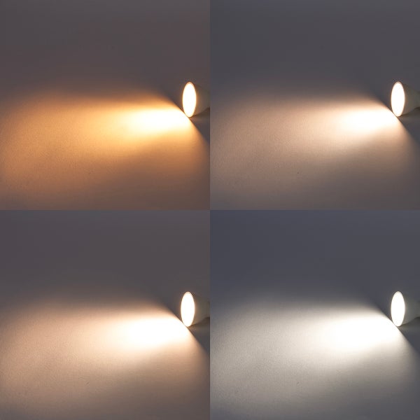 Vergleich von vier verschiedenen Farbtemperaturen eines Strahlers von Warmweiß bis Tageslichtweiß.