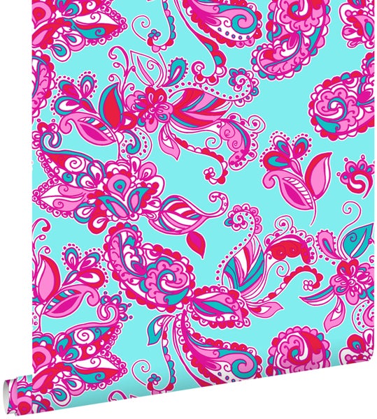 ESTAhome Tapete funky Blumen und Paisleys Türkis und Rosa - 53 cm x 10.05 m - 136840