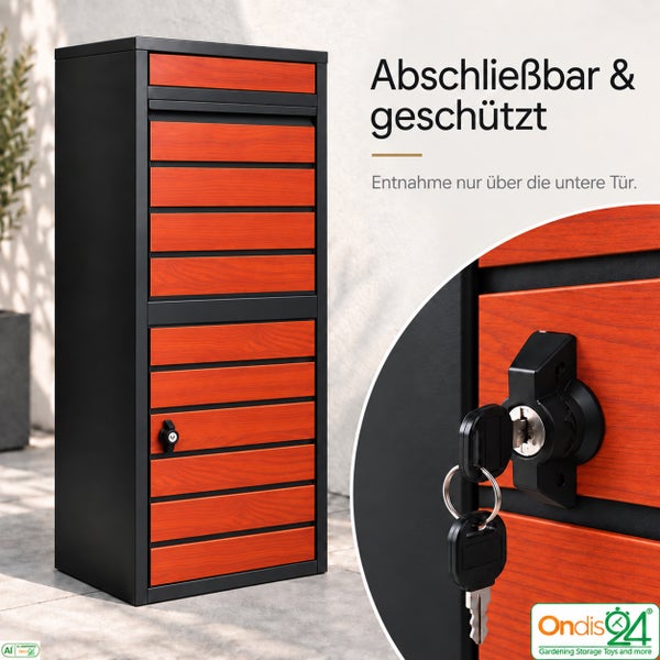 Abschließbarer Paketbriefkasten mit Holzoptik-Front und Entnahme über die untere Tür von Ondis 24.