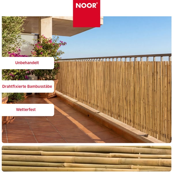 Noor Sichtschutzmatte aus unbehandelten drahtfixierten Bambusstäben auf einem Balkon als wetterfester Sichtschutz und Windschutz