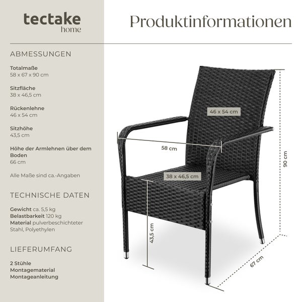 Rattanstuhl tectake Girona 58 x 67 x 90 cm, Belastbarkeit 120 kg widerstandsfähig schwarz