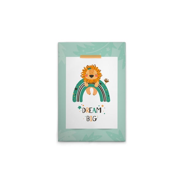 Leinwandbild mit Löwe auf einem Regenbogen, mit dem Schriftzug Dream Big