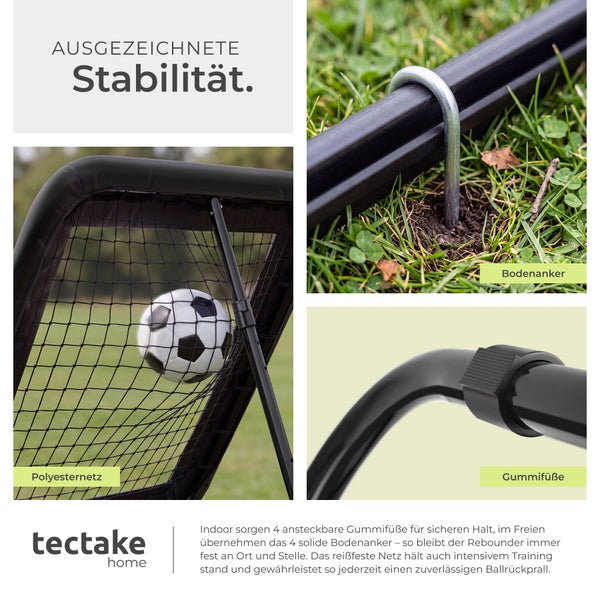 Detailansicht eines Fussball Rebounders mit Bodenankern, Gummifüssen und reissfestem Polyesternetz für hohe Stabilität.