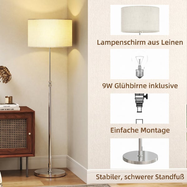 Moderne Stehleuchte mit Leinenschirm und 9 Watt Leuchtmittel sowie stabilem Standfuß für eine einfache Montage im Wohnbereich.