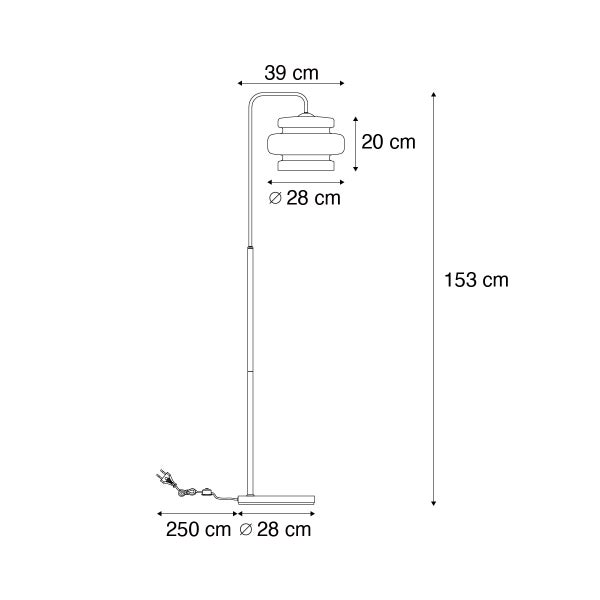 Technische Zeichnung einer Stehlampe mit den Maßen 153 x 39 x 28 Zentimeter.