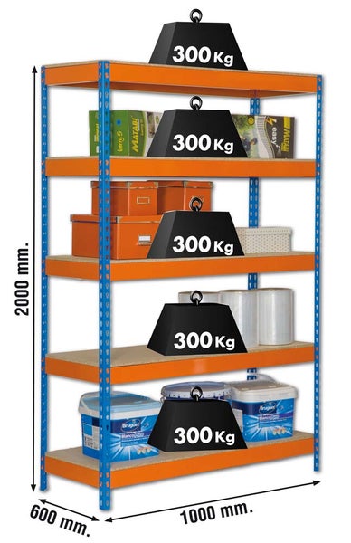 PROREGAL Schwerlastregal Wood Yeti Light Five HxBxT 200 x 120 x 45 cm Fachlast 300 kg Blau-Orange