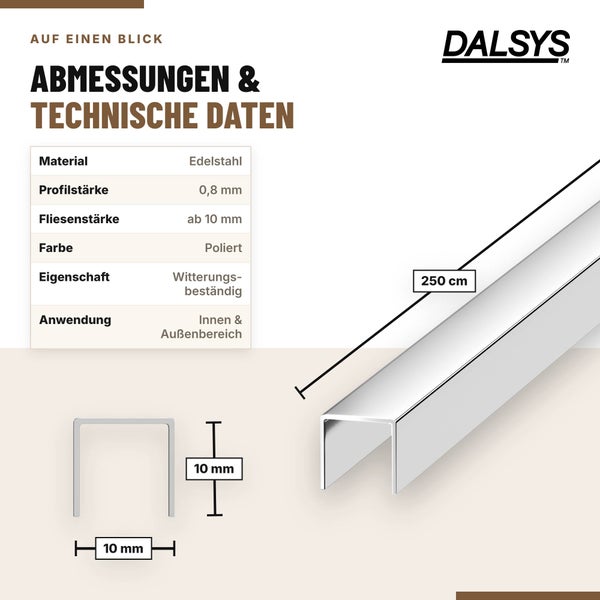 Technische Daten und Maße einer Dalsys U Profil Fliesenleiste aus Edelstahl mit 10 Millimeter Breite und 250 Zentimeter Länge.