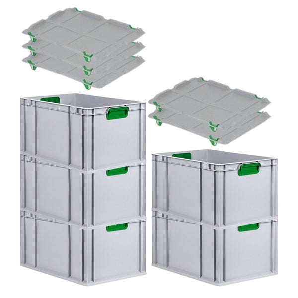 PROREGAL Spar Set 5x Eurobox Nextgen Color Mit Auflagedeckel & Schiebeschnappverschlüsse HxBxT 32 x 40 x 60 cm Griffe Grün Verstärkter Boden