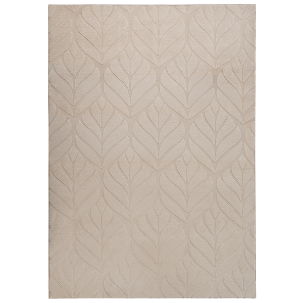 Rechteckiger Teppich mit einem strukturierten Blattmuster in Beige.