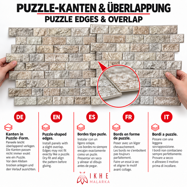 Anleitung zur Verlegung von Wandpaneelen mit Puzzlekanten und Überlappung, zeigt die korrekte Ausrichtung der Steinfliesenoptik vor der Verklebung.
