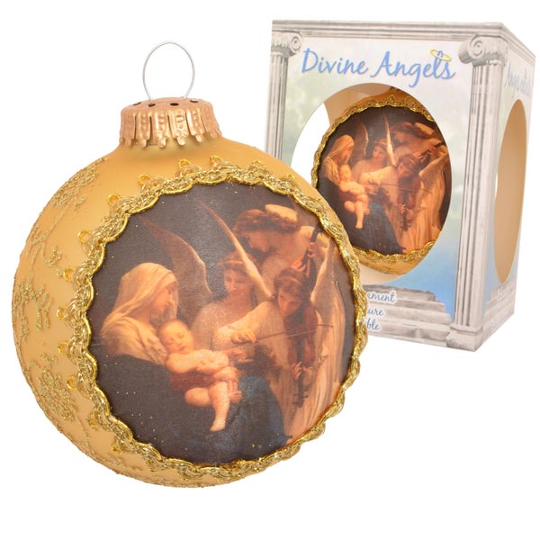 Gold matt 8cm Seidenbildkugel Maria mit Kind und 3 musizierenden Engeln, 1 Stck., Weihnachtsbaumkugeln, Christbaumschmuck, Weihnachtsbaumanhänger
