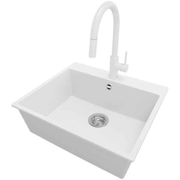 PRIMAGRAN Granitspüle Weiß 58x50cm, Spülbecken 1 Becken + Küchenarmatur 40x20cm + Ablauf-Set, Küchenspüle ab 60er Unterschrank - Riga