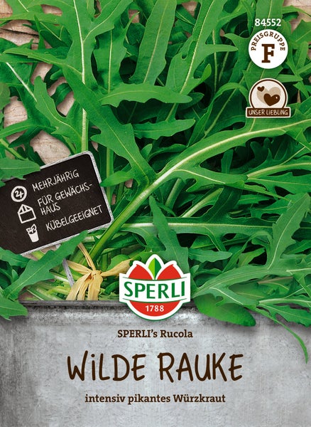 Samenbeutel mit Samen für wilde Rauke von Sperli für den Anbau im Gewächshaus oder im Kübel als mehrjährige Pflanze.