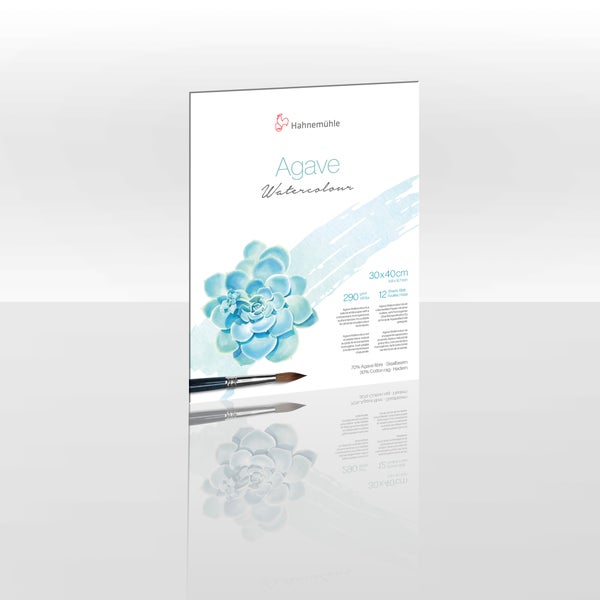 Hahnemühle Agave Aquarellblock, 30 mal 40 cm, 290 Gramm pro Quadratmeter, 12 Blatt, 70 Prozent Agavefaser und 30 Prozent Baumwolle.