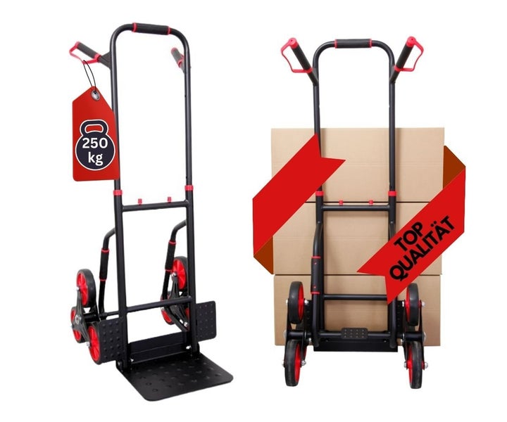 PROREGAL Klappbarer Profi-Treppensteiger TAURUS 250 HxBxT 115 x 52 x 63 cm Traglast 250 kg Stahlrahmen Ergonomische Griffe TPR-Gummiräder Rot-Schwarz